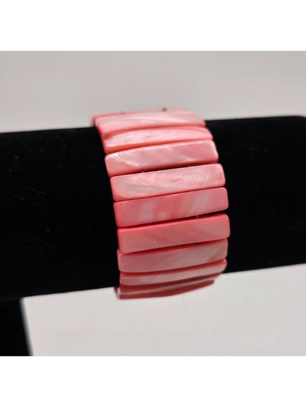 Wide Pink Rectangle Shell Stretch Bracelet 1-1/8" Women's Jewelry - Picture 2 of 6